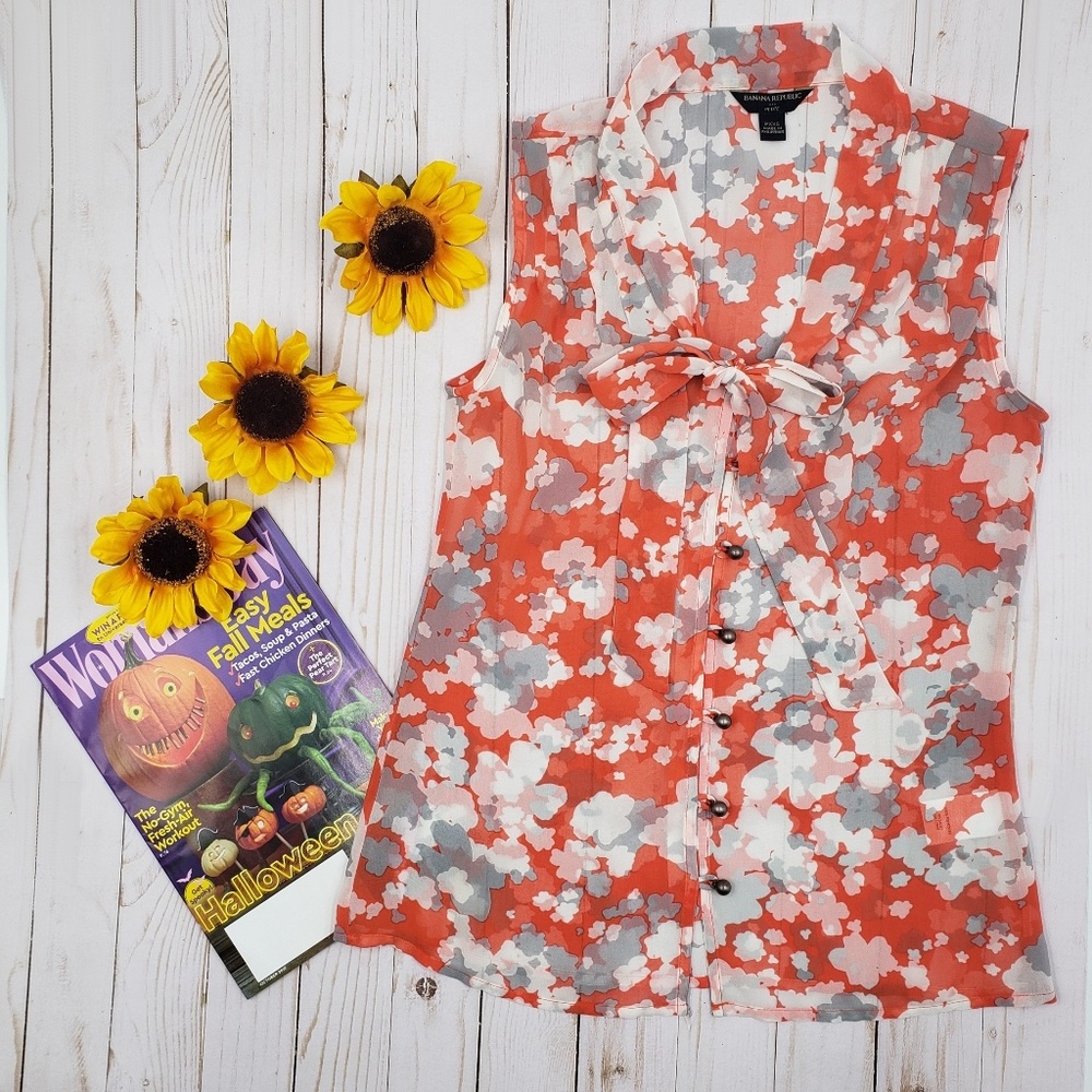 Floral Print Ruffle Neck Top Banana Republic